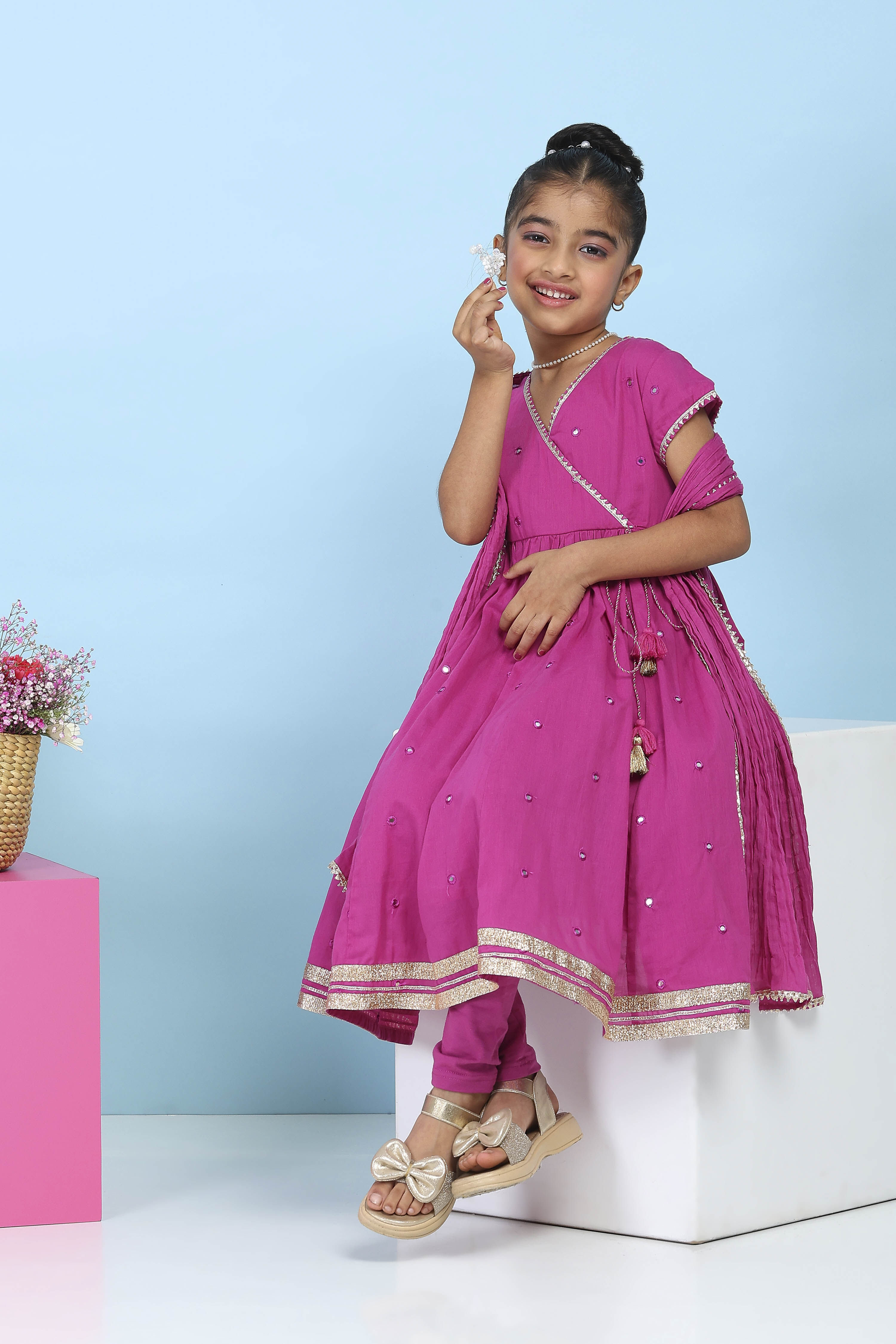 Pink Cotton Embroidered Anarkali Suit Set image number 0