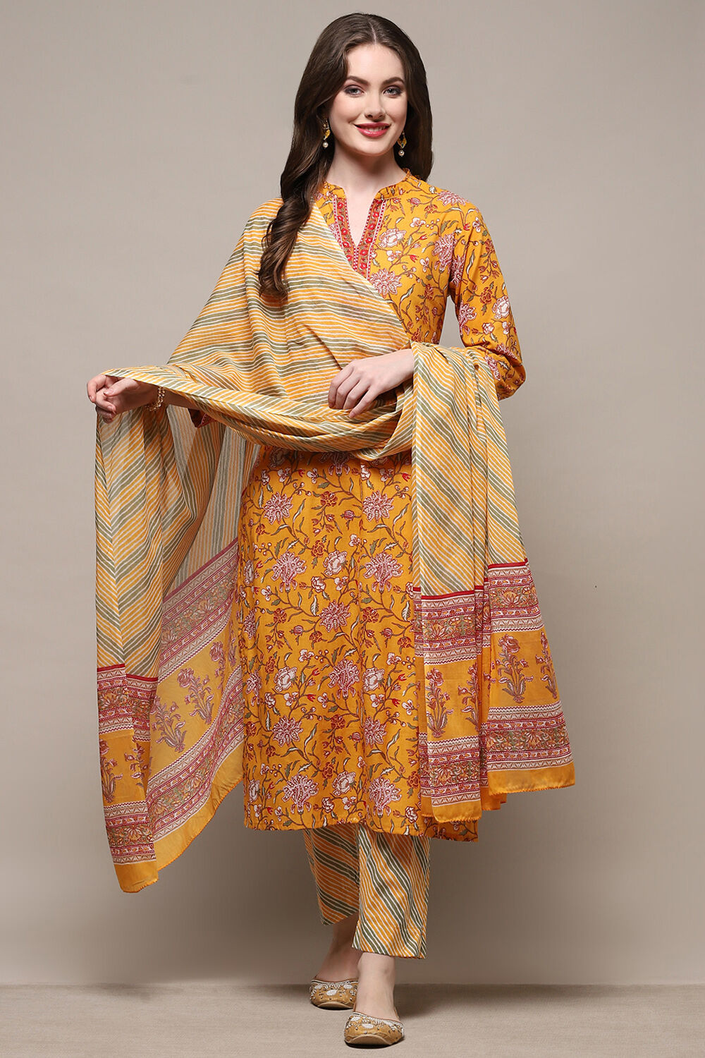 Mustard Yellow Cotton Screen Printed Unstitched Suit Set image number 8
