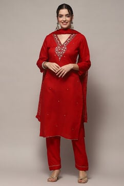 Red Cotton Unstitched Suit set image number 7
