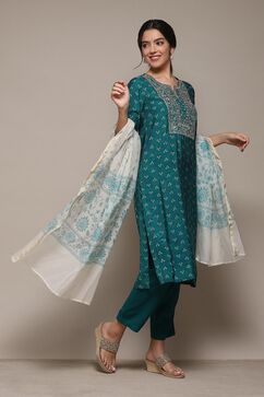 Peacock Green Modal Straight Kurta Slim Pant Suit Set image number 6