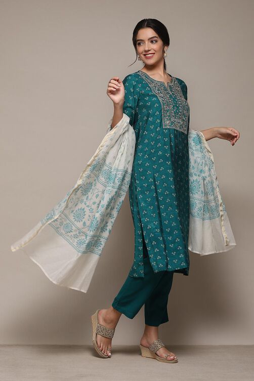 Peacock Green Modal Straight Kurta Slim Pant Suit Set image number 6