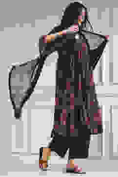 Charcoal Black Printed Gathered Suit Set image number 0