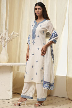 Off-White Embroidered Straight Suit Set image number 3