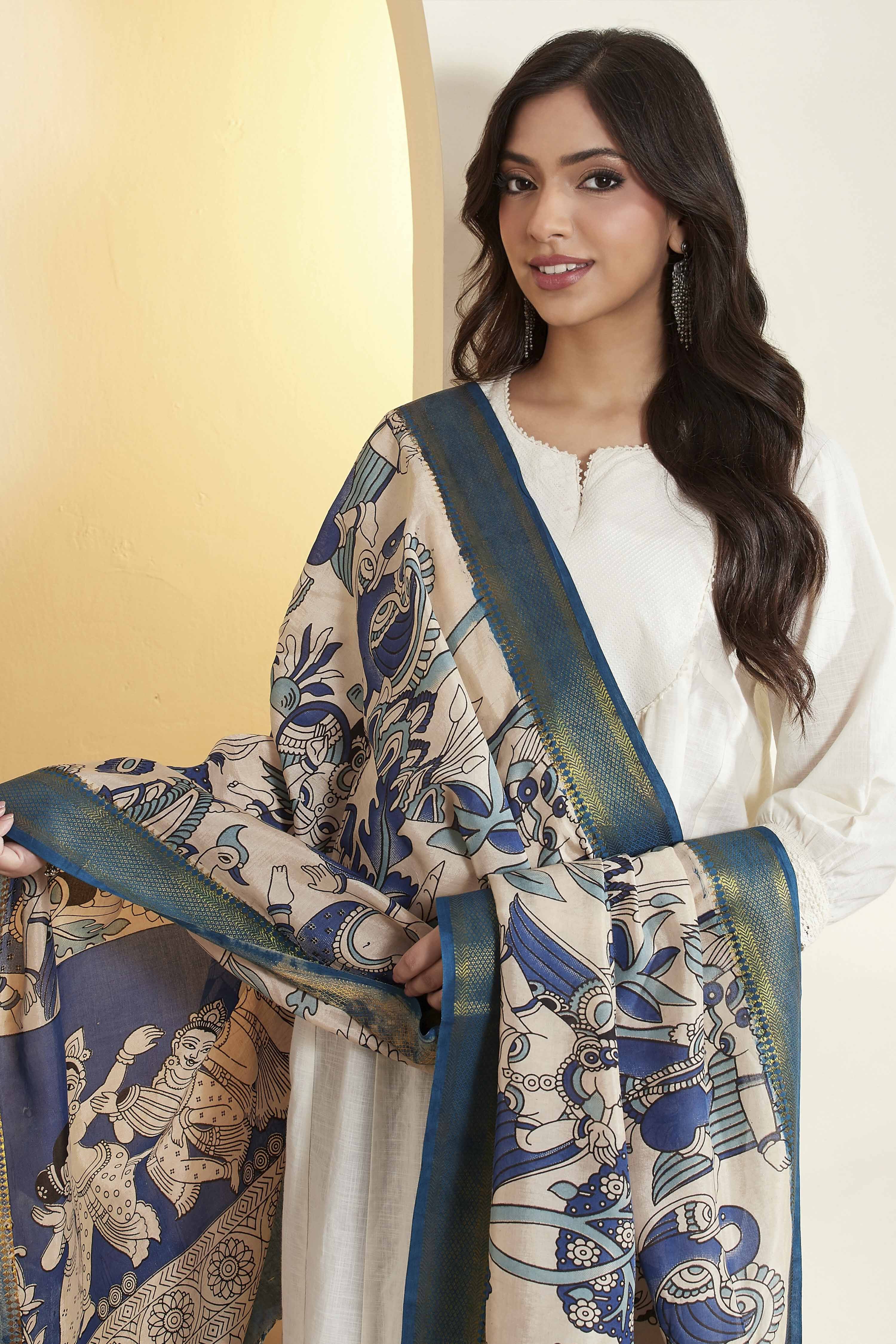Blue Chennur Silk Printed Dupatta image number 1