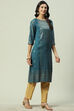 Teal Rayon Straight Printed Kurta