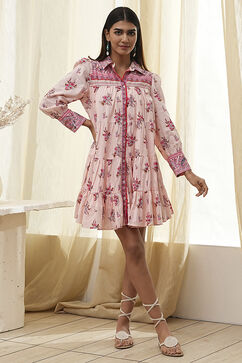 Peach-Colored Cotton  Floral Tiered Dress image number 5
