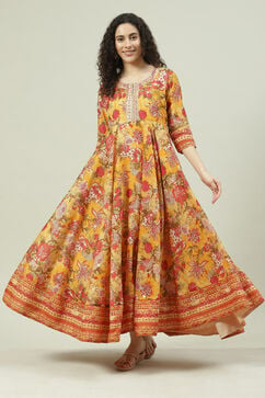 Mustard Poly Cotton Flared Fusion Printed Dress image number 5