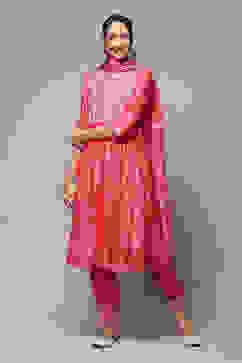 Bright Pink Cotton Blend Layered Kurta Salwar Suit Set image number 0