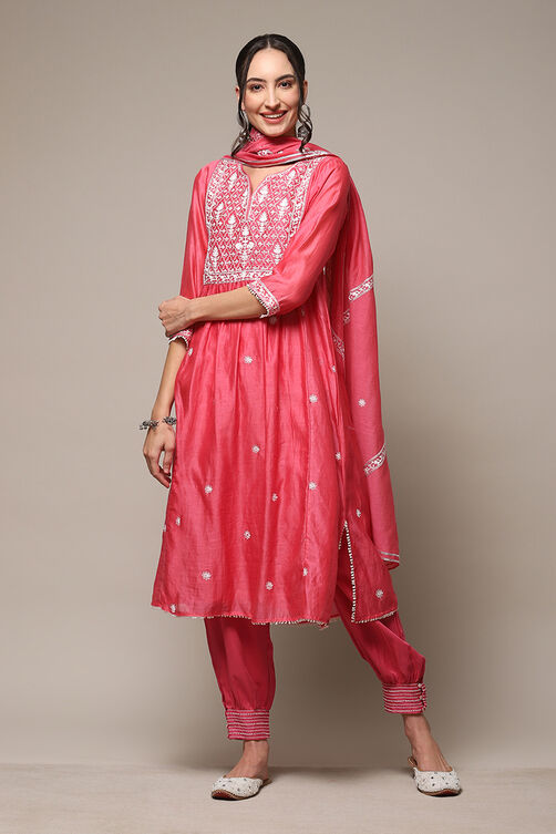 Bright Pink Cotton Blend Layered Kurta Salwar Suit Set image number 0