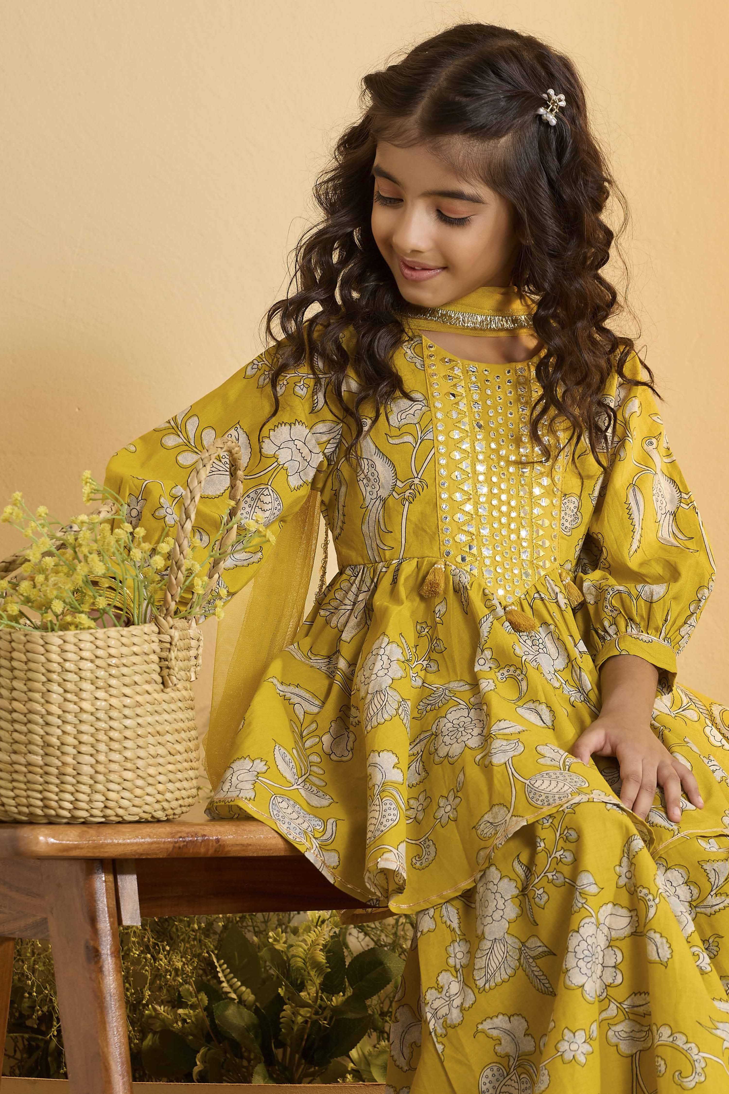 Yellow Cotton Floral Peplum Kurta Set image number 1