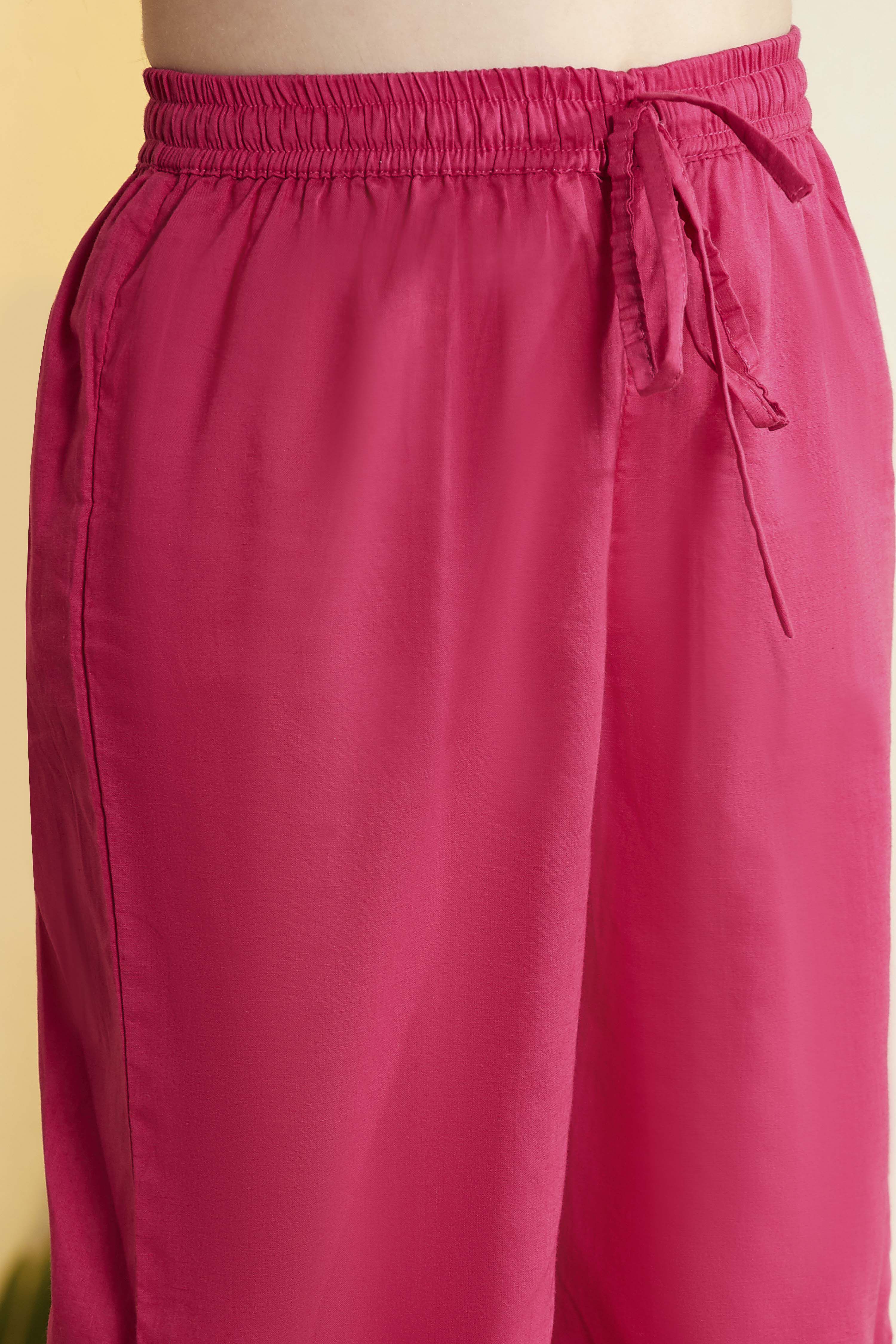Pink Cotton Printed Gathered Kurta Pants Set image number 2