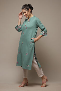 Fern Green Acrylic Straight Yarndyed Kurta image number 3