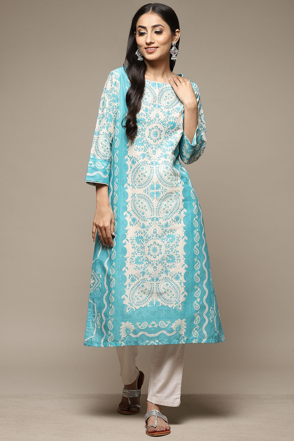 Blue Cotton Straight Printed Kurta image number 4