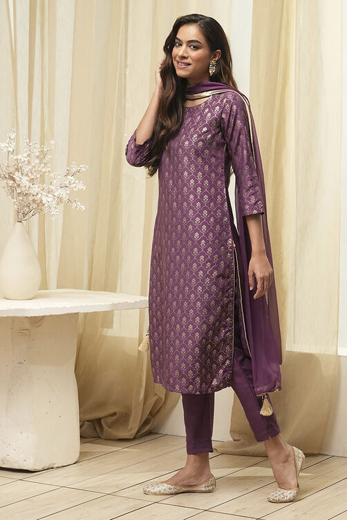 Dark Navy Art Silk Straight Kurta Slim Pants Suit Set image number 3