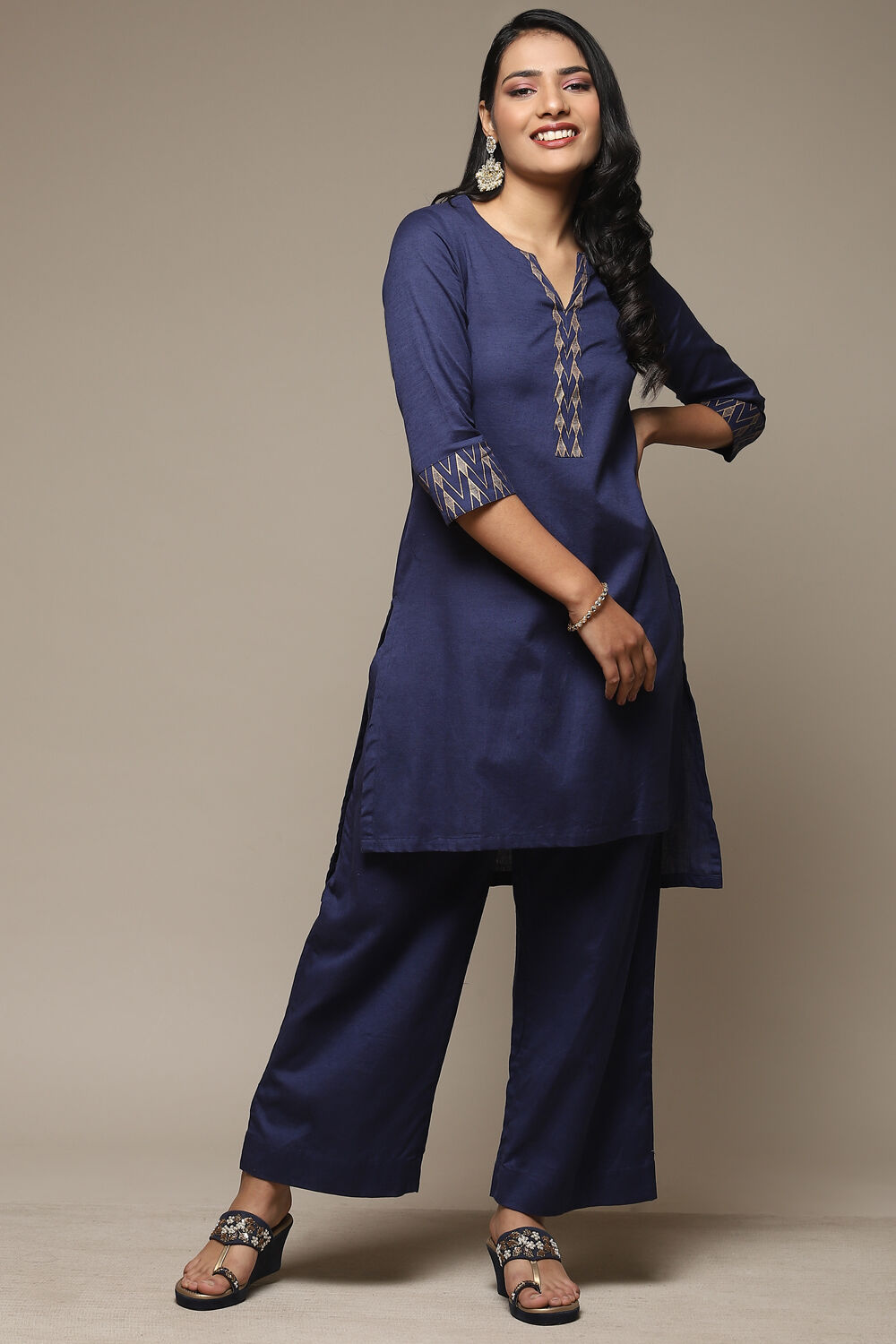 Blue Cotton Blend Straight Kurta Palazzo Suit Set image number 0