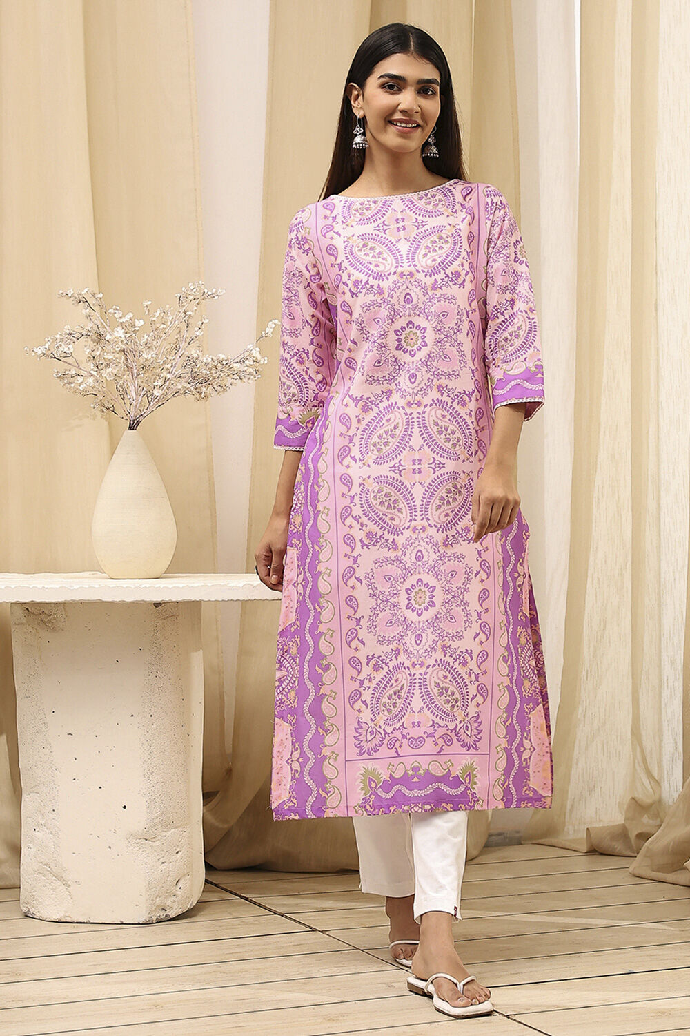 Blue and White Cotton Printed Straight Kurta image number 5