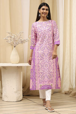 Purple Cotton Printed Straight Kurta image number 5