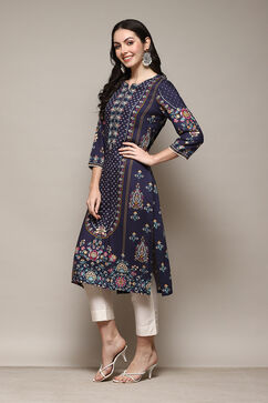 Navy LIVA Straight Printed Kurta image number 2