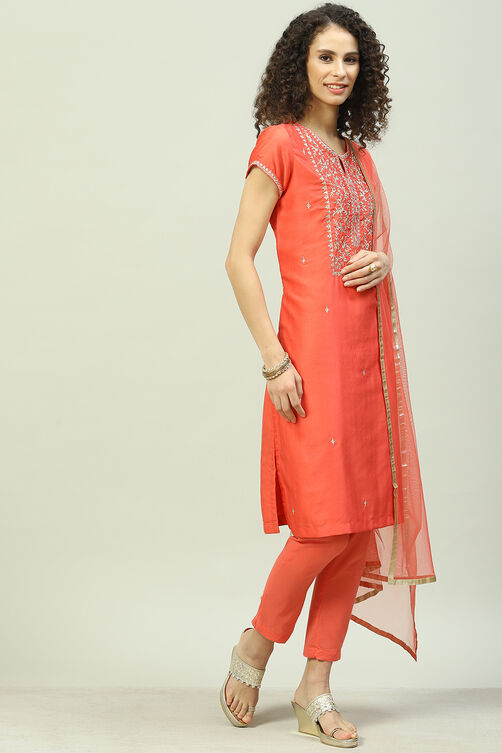 Coral Art Silk Straight Kurta Slim Pants Suit Set image number 6