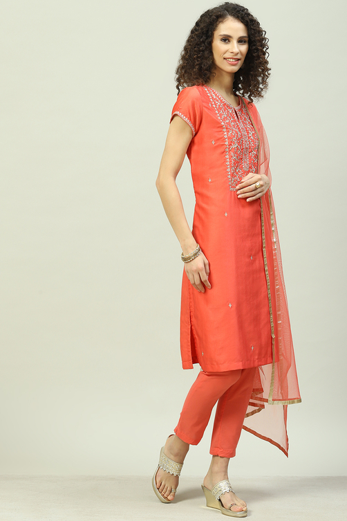 Mustard Art Silk Straight Kurta Slim Pants Suit Set image number 6