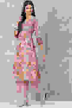 Beige Cotton A-Line Kurta Palazzo Suit Set image number 6