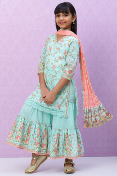 Turquoise Cotton Girls Straight Kurta Sharara Suit Set image number 2