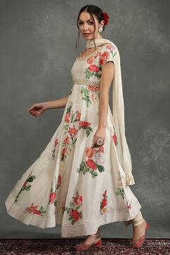 Rohit Bal Cream-Colored Silk Chanderi Floral Printed Anarkali Suit Set image number 3