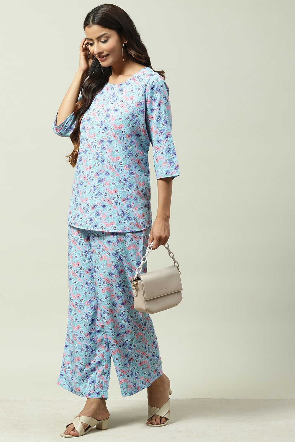 Sky Blue Printed Straight Suit Set image number 6