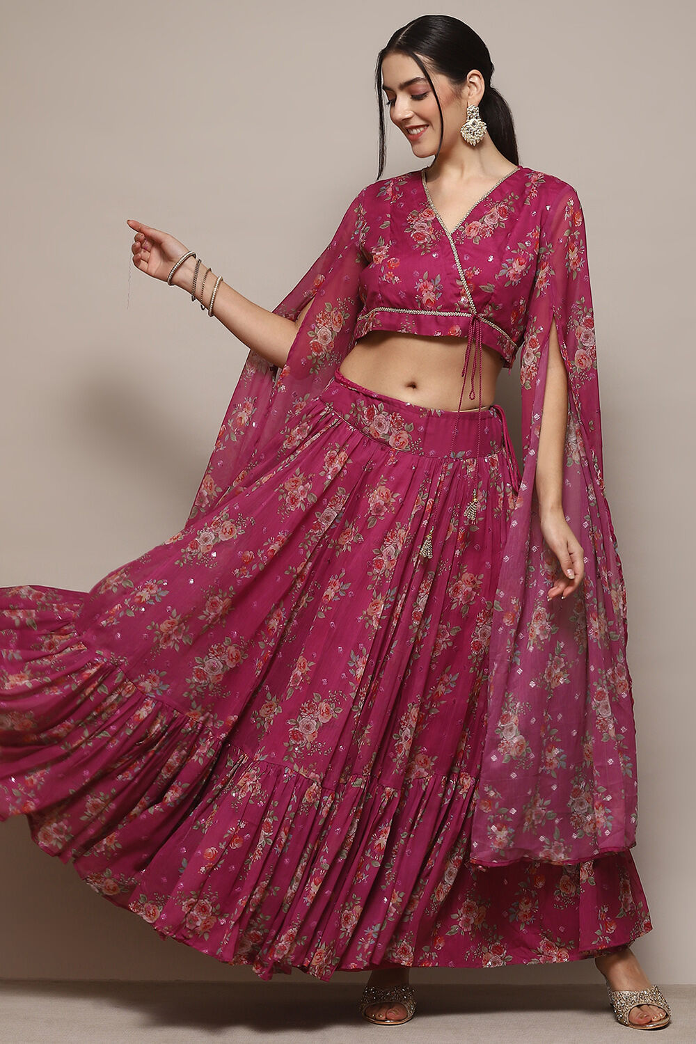 Pink Polyester Straight Lehenga Set at Biba India