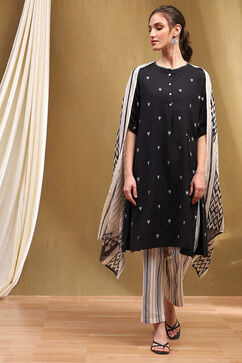 Black Cotton Yard Dyed Straight Suit Set image number 7