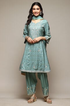 Sap Green Cotton Blend Kalidar Kurta Salwar Suit Set image number 0