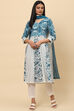 Blue White Cotton Flared Kurta Slim Pant Suit Set
