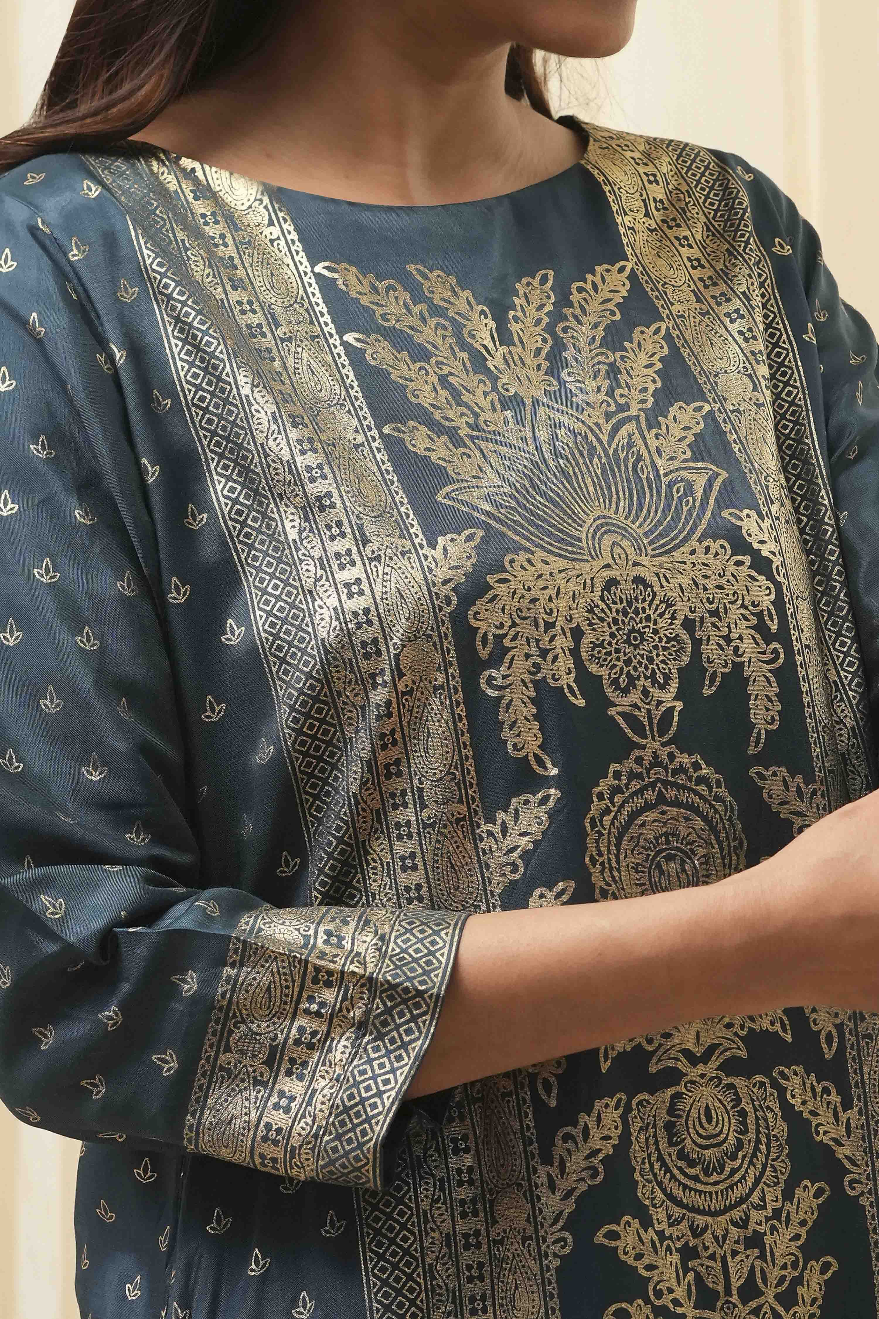 Indigo Rayon A-Line Printed Kurta image number 1