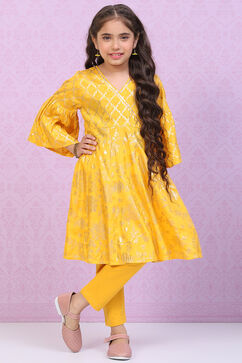 Yellow Viscose Flared Kurta Legging Suit Set image number 0