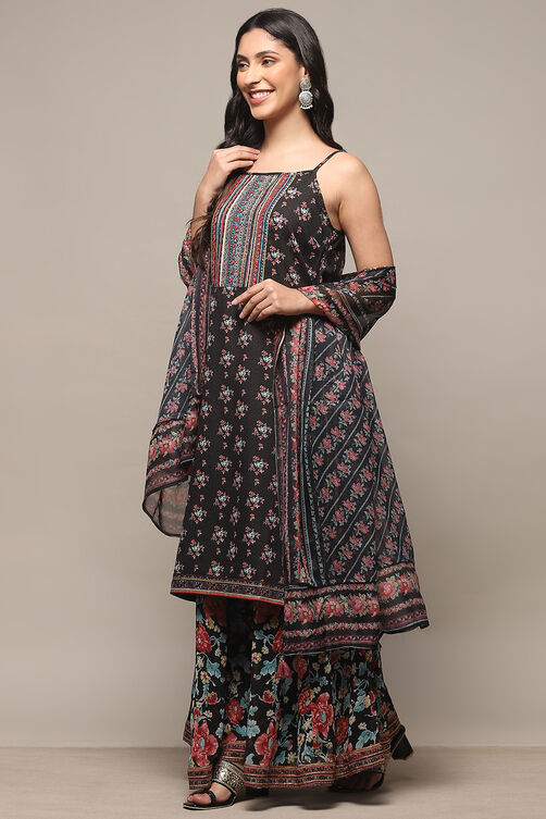 Black Linen Blend Straight Suit set image number 4
