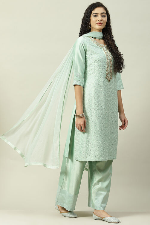 Mint Green Cotton Silk Straight Kurta Palazzo Suit Set image number 6