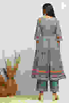 Turquoise Cotton Geometric Printed Anarkali Suit Set image number 4