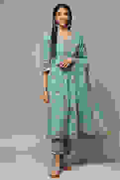 Sap Green Cotton Gathered Kurta Pants Suit Set image number 7