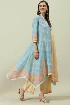 Pale Blue Printed Cotton Kalidar Suit Set image number 6