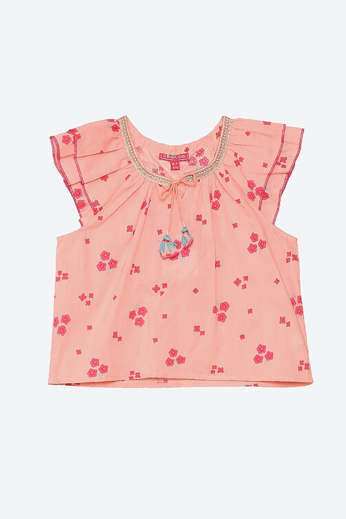 Peach Cotton Straight Printed Top image number 0