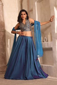 Teal Poly Dupion Silk Hand Zardozi Lehenga Set image number 3