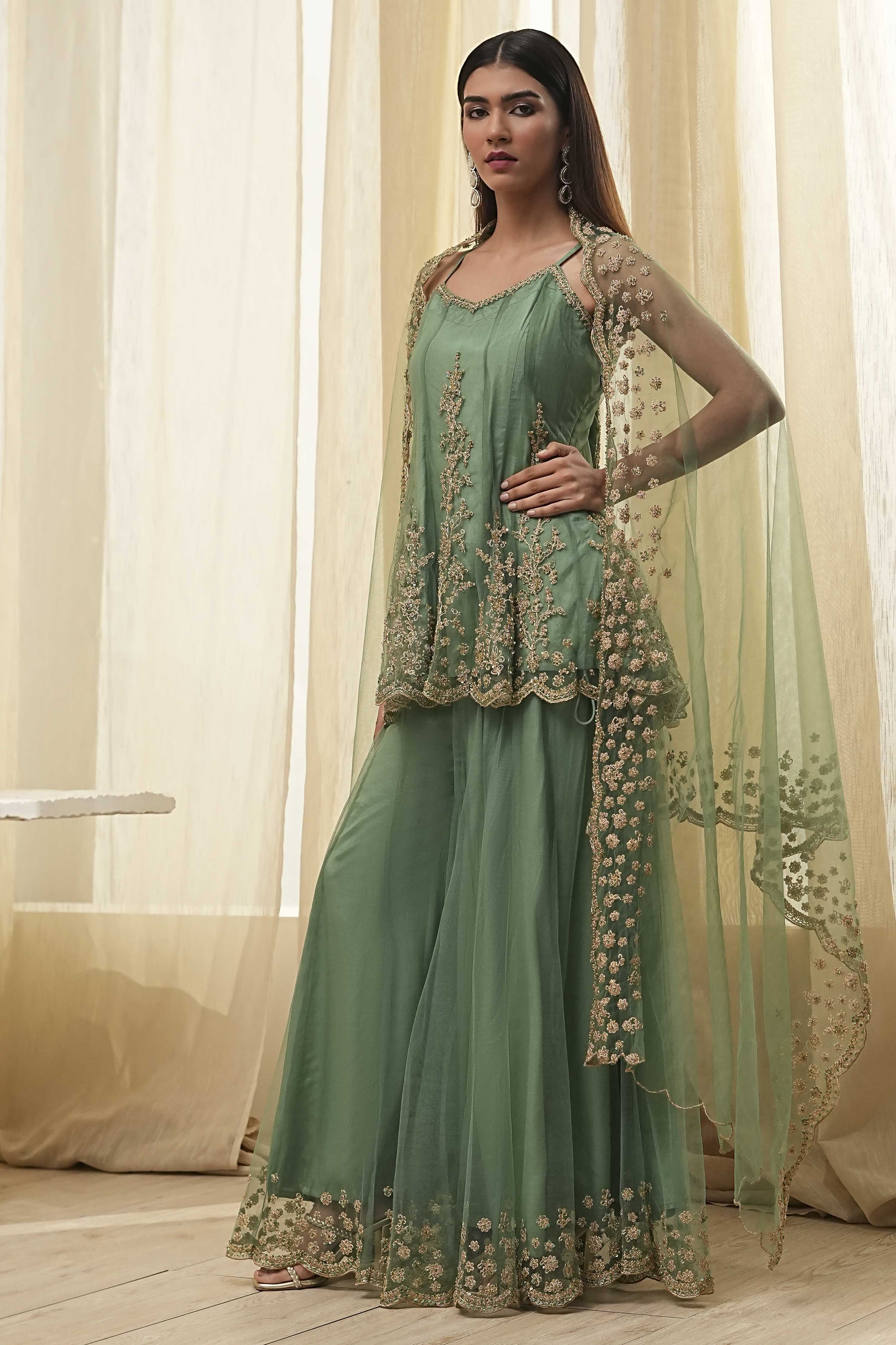 Pink Net Embroidered Kalidar Sharara Kurta Set image number 3
