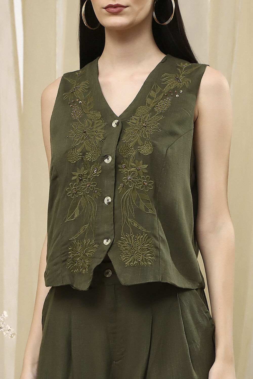 Olive Green Solid Straight Co-ord Set image number 1