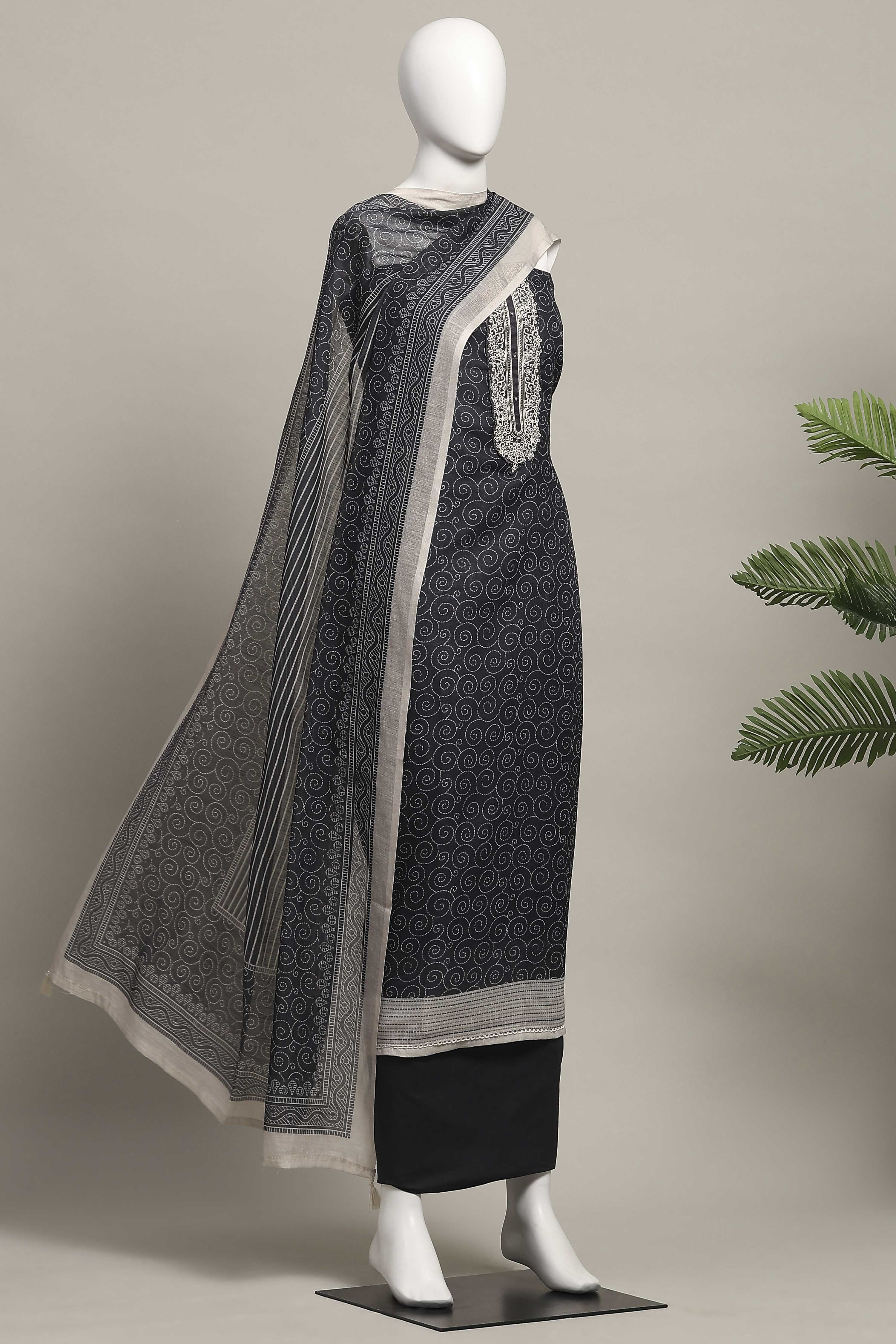 Blue Linen Royal Swirl Jal Print Unstitched Suit Set image number 4