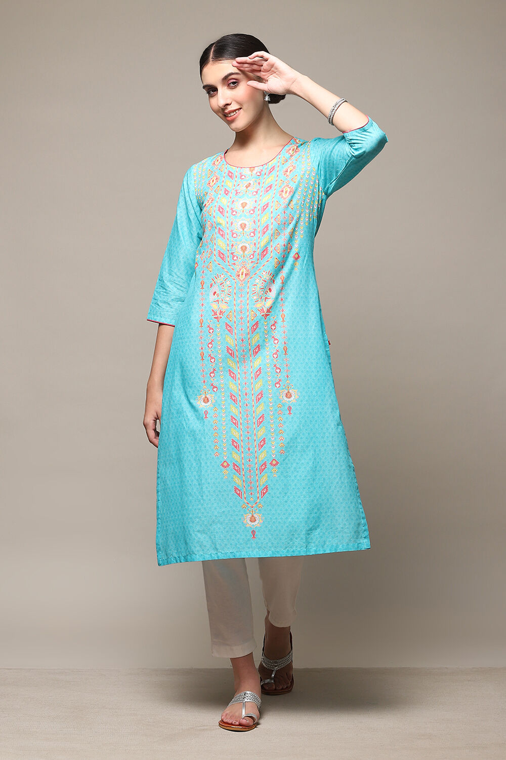 Blue Cotton Straight Printed Kurta image number 0