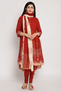 Red Cotton Asymmetric Kurta Churidar Suit Set image number 0
