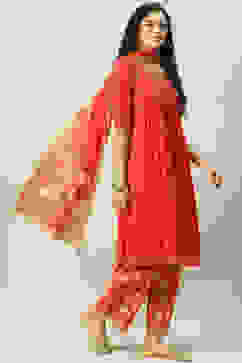 Red Cotton Flared Kurta Palazzo Suit Set image number 6
