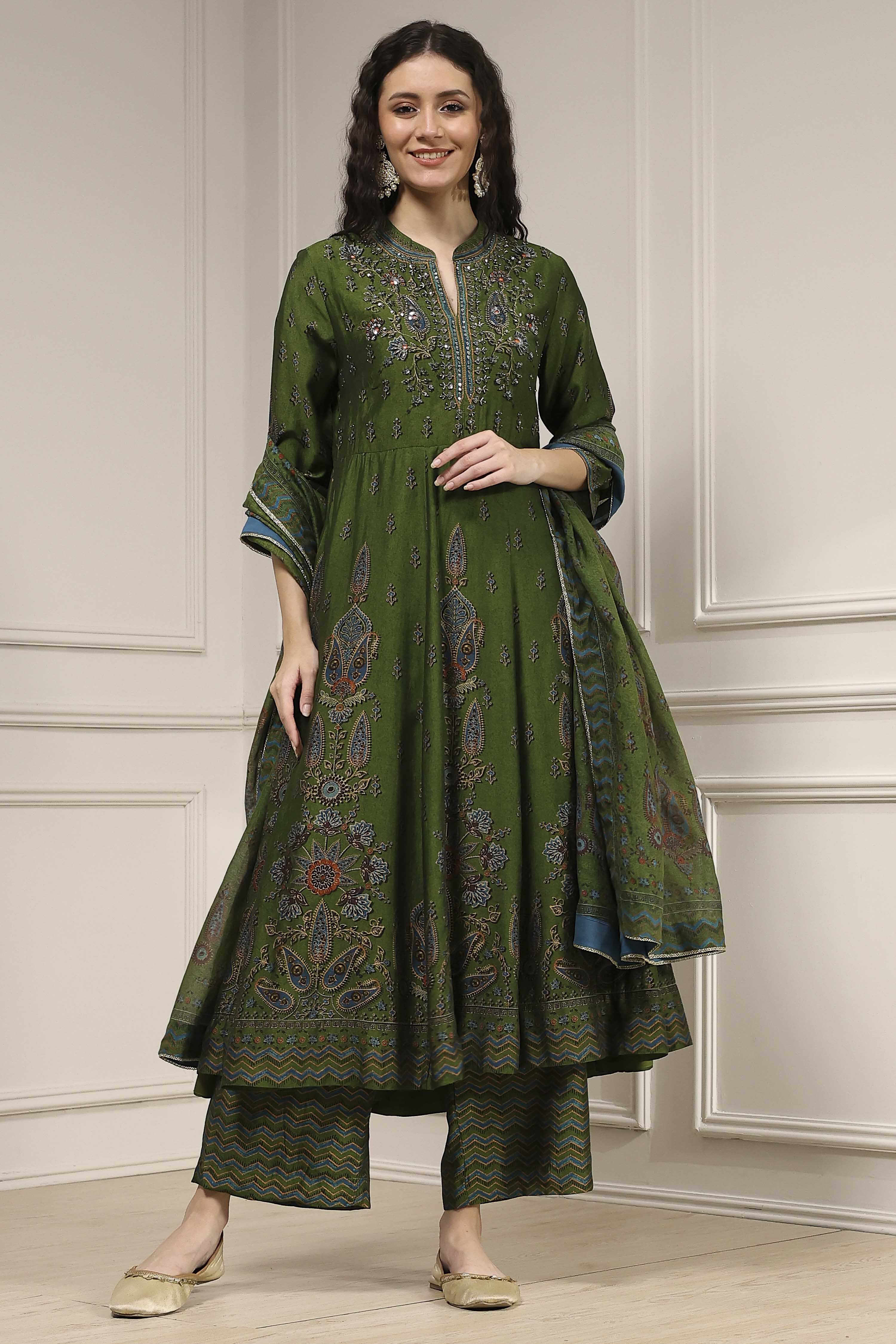 Green Printed Anarkali Suit Set image number 6