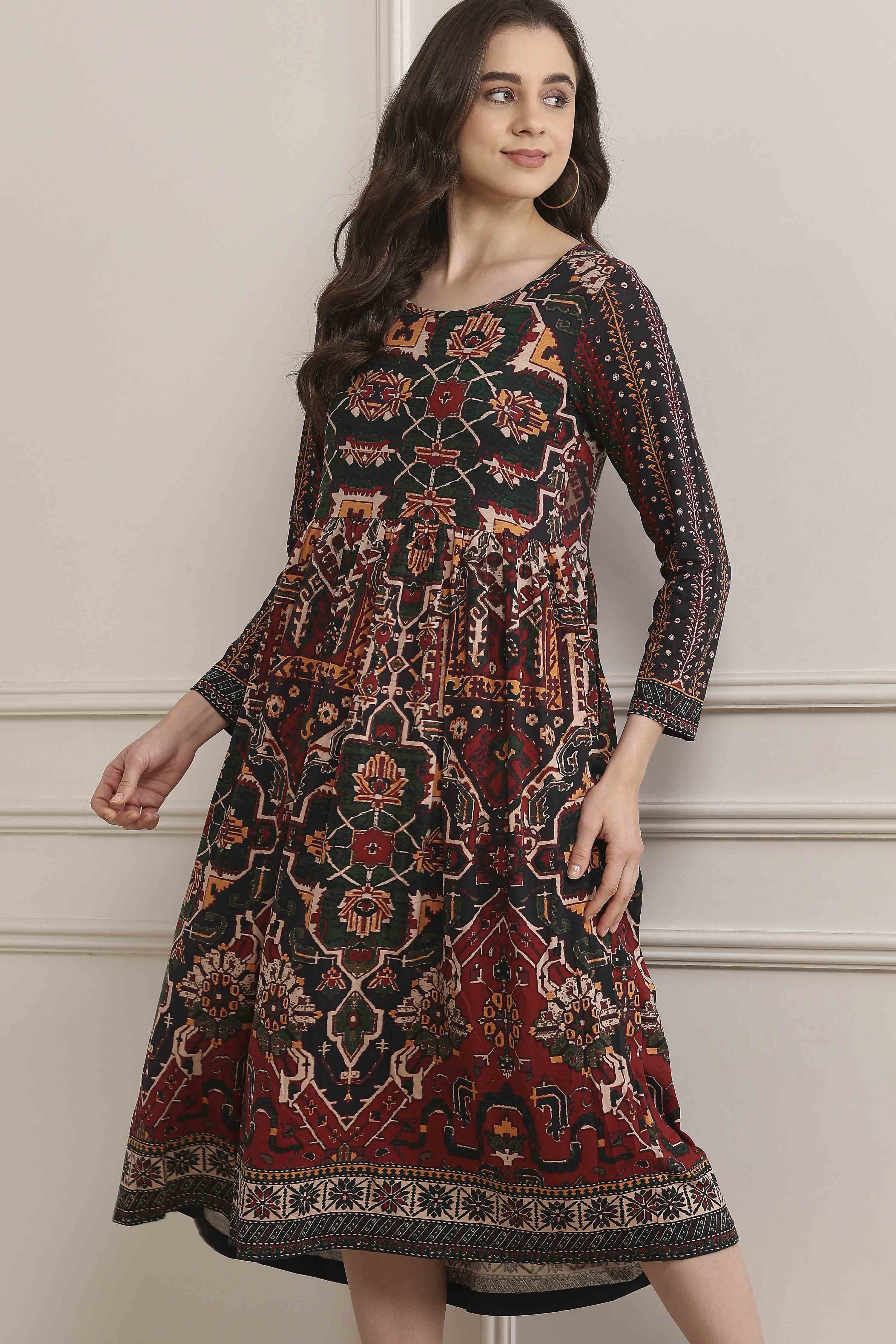Rust Cotton Blend Flared Printed Dress image number 6