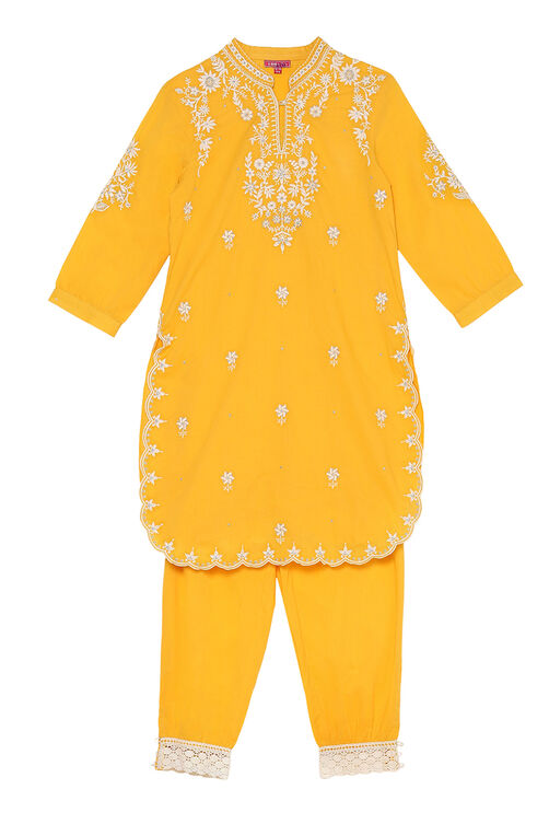 Yellow Cotton Embroidered Straight Kurta Set image number 0